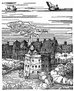The Rose (hier fälschlicherweise als „The Globe“ gekennzeichnet) im 1616 gefertigten Panorama von London von Claes Janszoon Visscher Visscher panorama