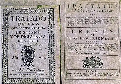Erste gedruckte Ausgaben des Utrechter Vertrags: Spanisches Exemplar (1713) und eine lateinisch-englische Version (1714)