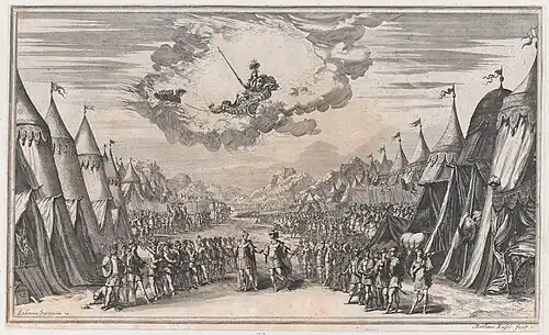 The leaders of two armies conversing, their respective troops and camps on either side; above, Minerva observes from her chariot; set design from 'Il Pomo D'Oro' MET DP874689
