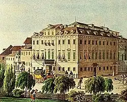 Theater an der Wien, um 1815, am unteren Bildrand der Wienfluss