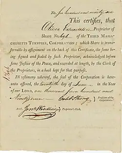 Gründeraktie der Third Massachusetts Turnpike Corporation, ausgestellt am 20. Juni 1797, im Original unterschrieben von Caleb Strong als Präsident