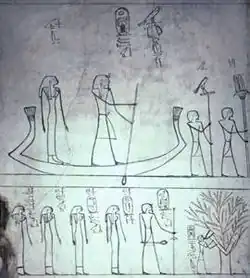 Thutmosis III. mit Familie in seinem Grab KV34: Oben: mit Mutter Isis in der Barke. Unten: Thutmosis III. von seiner Mutter Isis (als Baum dargestellt) gesäugt. Daneben: Thutmosis III., Meritre Hatschepsut, Satiah, Nebtu und Nefertari