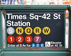 Typisches Stationsschild der New York City Subway an der Haltestelle Times Square–42nd Street