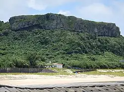 Eine dicke Felsklippe auf einer dicht bewachsenen Anhöhe hinter einem Sandstrand.