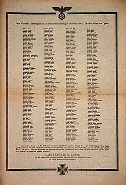 Todesanzeige der Braunschweiger Tageszeitung mit Namen der Opfer des Bombenangriffs auf die Stadt am 15. Oktober 1944