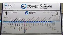 Ōtemachi, Tokio: Linienband der Tōzai Line mit Stationsnummer (T09), Vollname in Kanji (大手町) und Transkriptionen in Hiragana (おおてまち), Rōmaji, Chinesisch (大手町) und Hangeul (오테마치)