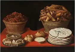 Bodegón mit Waffeln, Nougat und Gebäck und einem Korb mit Haselnüssen und Maroni, um 1635 (?), Öl auf Leinwand, 66 × 95 cm, Prado, Madrid