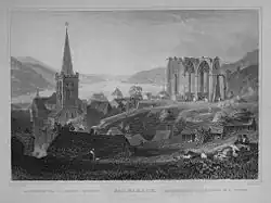 Views of the Rhine von William Tombleson (etwa 1840), Ruine der Wernerkapelle zu Bacharach