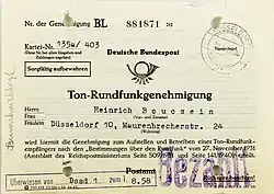Ton-Rundfunkgenehmigung von 1958 gemäß „Bestimmungen über den Rundfunk“, 1931 (Vorderseite)