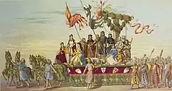 Als erster Festwagen des Zuges fuhr in der zweiten Gruppe ein von Hermann Otto Pflaume entworfener Wagen mit, der die Grundsteinlegung zum Kölner Dom im Jahr 1248 darstellte. Der erste Dombaumeister Gerhard von Rile (Jean Rehe) sprach seinen Segen über den Grundstein, umgeben von Werkmeistern (Herren Hartmann und Ossendorf), einem Steinmetz (Herr Rehe jr.) und Meistern und Handwerkern der Dombauhütte (Herren Arntz, J. Pott, P. Pott, Huppertz, Schmidt und Brunthaler). Auf dem vorderen Teil des Wagens befanden sich die Personifikationen Colonia (Frl. M. Welter), Spes (Jenny Hippenmeyer) und Pietas (Frl. Feldhaus). Umgeben war der Festwagen von Kölner Reisigen in den Farben der Stadt, die vom Turnverein Eintracht und vom Turnerbund gestellt wurden.