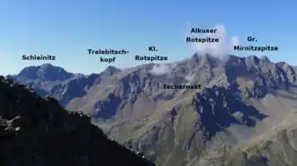 Blick von der Weißenwandspitze auf Schleinitz, Trelebitschkopf, Kleine Rotspitze und Alkuser Rotspitze (von links nach rechts)