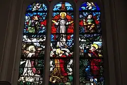 Apostel Johannes, Petrus, Jakobus (unten); Moses, Jesus und Elias (oben)