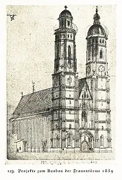 Matthias Berger (Restaurator der Kirche) 1859: Linker Turmentwurf mit laternenartigem Aufsatz über dem letzten gotischen Gesimskranz mit umlaufender Galerie und durch einen Knopf abgeschlossene Kuppel, rechter Turmentwurf gotisierte Kuppel mit offener Laterne, ähnlich der des Bartholomäusdoms in Frankfurt