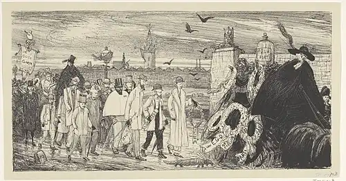 Gezeichnete Karikatur, die die Beerdigung des Nederlandsche Etsclub zeigt. An der Spitze des Zuges fährt ein Leichenwagen mit Trauerkränzen 1885–1895, dahinter gehen die Mitglieder, gefolgt von den weiblichen Mitgliedern in einer Kutsche, am Ende des Zuges gehen weitere Mitglieder.