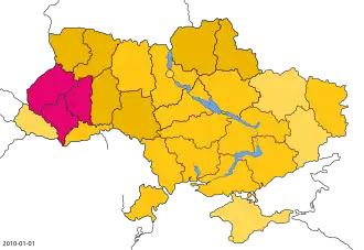 Die graphische Landkarte zeigt drei Regionen auf der linken Seite des Landes katholisch, der Rest ist in Gelbtönen markiert, je nachdem wie groß die orthodoxen Gemeinden sind.