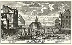 Zürcher Rathausbrücke, 1740: Küfer arbeiten auf dem Limmatstein an einem grossen Fass