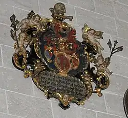 Ulm, Ulmer Münster, Totenschild des Marx Christoff Welser (* 1589; † 1649); Stammvater der Ulmischen Linie der Welser mit Wappen der Welser und Beiwappen der Baldinger und Krafft