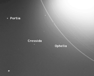 Voyager-2-Aufnahme von Cressida, Portia und Ophelia