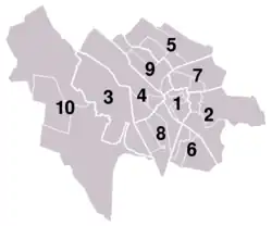 Karte der niederländischen Stadt Utrecht, aufgeteilt in die zehn Stadtbezirke. Jeder Bezirk ist nummeriert: 1 im Zentrum, 2 östlich des Zentrums, 3 westlich, 4 direkt westlich angrenzend an das Zentrum, 5 im Norden, 6 im Südosten, 7 nordöstlich, 8 südlich, 9 nördlich des Zentrums, 10 im Westen. Die Karte ist einfarbig grau mit weißen Grenzen zwischen den Bezirken.