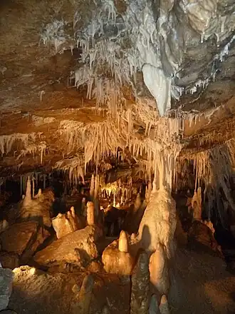 Stalaktiten, Stalagmiten, Sintervorhänge und ein Stalagnat