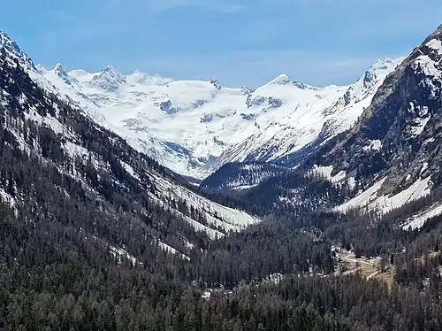 Val Roseg und Punta Orientale della Sella, Punta Occidentale della Sella, Piz Glüschaint, Piz da la Fuorcla, La Muongia, Il Chapütschin und Muot da Crasta (v.&nbsp;l.&nbsp;n.&nbsp;r.), aufgenommen von Pontresina (für Annotationen der einzelnen Berge aufs Bild klicken)