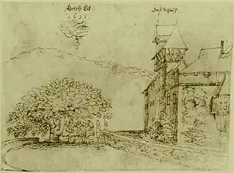 Burg Adolfseck, Torturm und Palas der Burg mit Erker, davor unter einem Lindenbaum eine Tafelgesellschaft. (1631)
