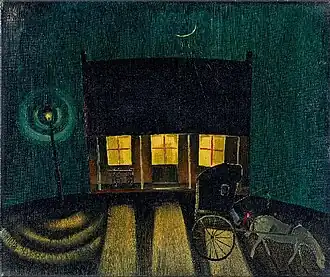 Kutsche vor hell erleuchtetem Haus