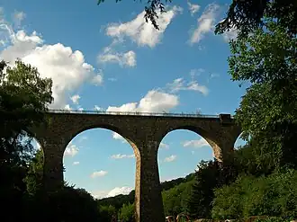 Die ca. 40&nbsp;m hohe Eulenbachbrücke, im Volksmund „Saubrücke“