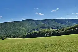Blick von Strání aus auf den Velká Javořina und den Jelenec Berg