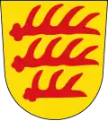 Das Wappen der Grafen von Veringen, das seit 1216 nachweisbar ist, zeigt in der ersten farbigen Darstellung 1330 rote Hirschstangen.[3]