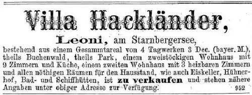 Verkaufsanzeige für die Villa Hackländer, 1877.