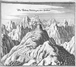 „Festung Putestagno oder Peitlstain“ Kupferstich aus der Topographia Germaniae von Matthäus Merian