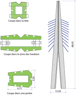 Querschnitte und Ansicht der Pylone über der Fahrbahn