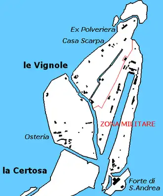 San'Andrea, im Südosten von Vignole. Der Kanal in der Zona Militare ist der ehemalige Flugplatz.