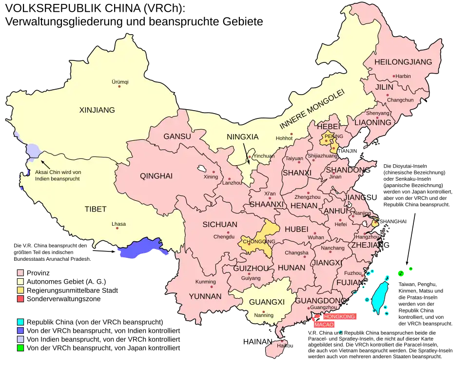 Politische Gliederung der Volksrepublik China (VRC)