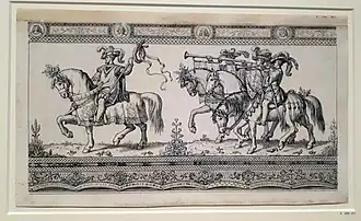 Walther: Die ersten vier Reiter (Marschall und Fanfarenbläser) des Fürstenzuges an der langen Wand des Stallhofes auf der Augustusstraße in Dresden