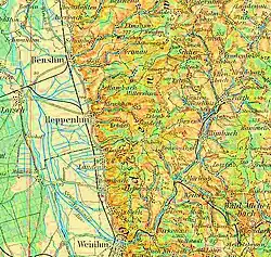 Landkarte (1914) der Gebiete des Weschnitzplutons und des Trommgranits. Weitere kartographische Darstellungen und Luftaufnahmen der Region: Landesgeschichtliches Informationssystem Hessen (LAGIS).[32]