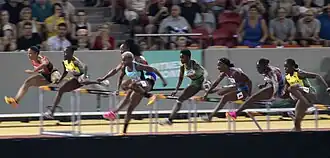 Ein enges Finale (v.&nbsp;l.&nbsp;n.&nbsp;r.): Ditaji Kambundji, Ackera Nugent, Jasmine Camacho-Quinn, Devynne Charlton, Tobi Amusan, Kendra Harrison, Nia Ali, Danielle&nbsp;Williams