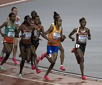 Die Spitzengruppe mit Faith Kipyegon vor Sifan Hassan, Ejgayehu Taye (verdeckt), Margaret Kipkemboi, Beatrice Chebet, Lilian Kasait Rengeruk (verdeckt), Medina Eisa, Elise&nbsp;Cranny&nbsp;(verdeckt)