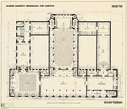 Blunck: Entwurf für das Kaiser-Wilhelm-Volkshaus, Grundriss des Obergeschosses (1917)