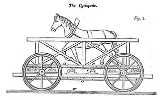 Zeitgenössische Darstellung der von einem Arbeitspferd angetriebenen The&nbsp;Cycloped.