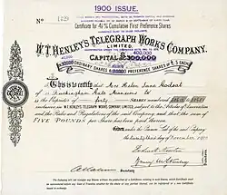 Vorzugsaktie der W.T. Henley’s Telegraph Works Company, ausgestellt am 23. November 1900, im Original unterschrieben von Henry Morton Stanley als Vorstandsmitglied. Das Werk von William Thomas Henley, einem Pionier in der Herstellung von Telegrafenkabeln, ernannte den Afrikaforscher Stanley im Jahre 1900 zum Direktor. Er behielt diesen Posten bis zu seinem Tode.