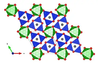 Wadeit-Kristallstruktur als "Polyeder-Modell" mit Blickrichtung parallel zur c-Achse _ K 0 _ Zr 0 _ Si 0 _ O