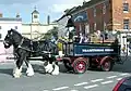 Shire Horse-Gespann vor einem Touristikwagen der Brauerei Wadworth