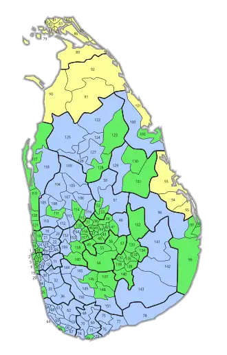 Mehrheiten in den 160 Stimmbezirken: ﻿United National Party (UNP) ﻿United People’s Freedom Alliance (UPFA) ﻿Tamil National Alliance (TNA)