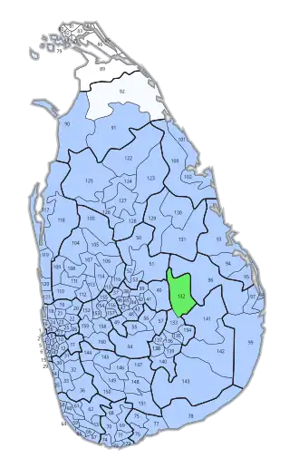 Mehrheiten in den 160 Stimmbezirken: ﻿Kumaratunga, Wahlbeteiligung >60 % ﻿Kumaratunga, Wahlbeteiligung 30 % ﻿Kumaratunga, Wahlbeteiligung 1–2 % ﻿Kumaratunga, Wahlbeteiligung 0–1 % ﻿Dissanayake