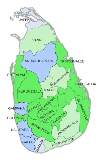Mehrheiten in den 22 Wahlkreisen: ﻿Premadasa (UNP), Beteiligung > 35 % ﻿Premadasa (UNP), Beteiligung < 35 % ﻿Bandaranaike (DPA), Beteiligung > 35 % ﻿Bandaranaike (DPA), Beteiligung < 35 %
