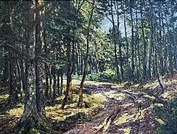Sonniger Waldweg im Buchenwald (Öl auf Leinwand)