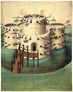 Walmer Castle 2011 (links) und ein Grundriss von 1539, entweder des Walmer Castle oder des Sandown Castle (rechts)[158]