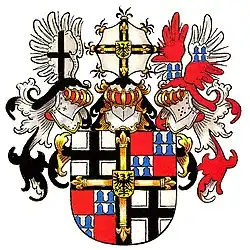 Hochmeister-Wappen des Walther von Cronberg, u.&nbsp;a. blaue Eisenhutfeh.